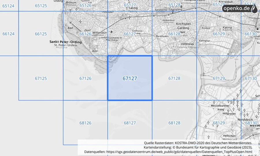 Übersichtskarte des KOSTRA-DWD-2020-Rasterfeldes Nr. 67127