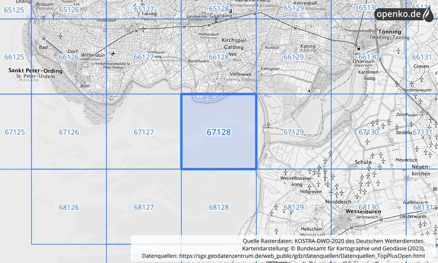 Übersichtskarte des KOSTRA-DWD-2020-Rasterfeldes Nr. 67128