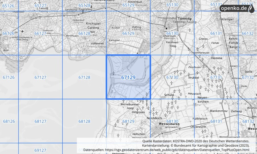 Übersichtskarte des KOSTRA-DWD-2020-Rasterfeldes Nr. 67129