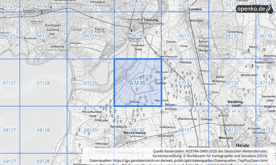 Übersichtskarte des KOSTRA-DWD-2020-Rasterfeldes Nr. 67130