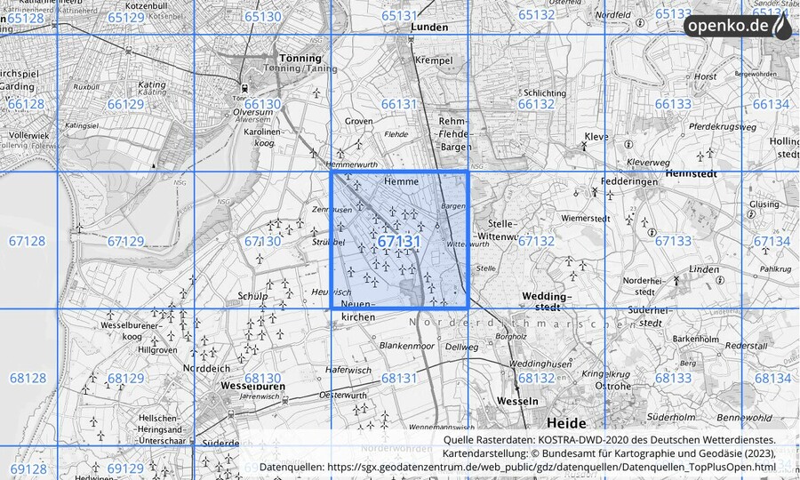 Übersichtskarte des KOSTRA-DWD-2020-Rasterfeldes Nr. 67131