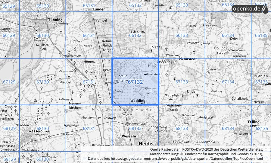 Übersichtskarte des KOSTRA-DWD-2020-Rasterfeldes Nr. 67132