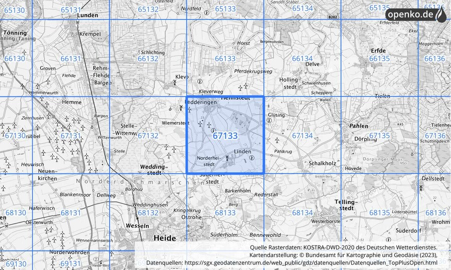 Übersichtskarte des KOSTRA-DWD-2020-Rasterfeldes Nr. 67133