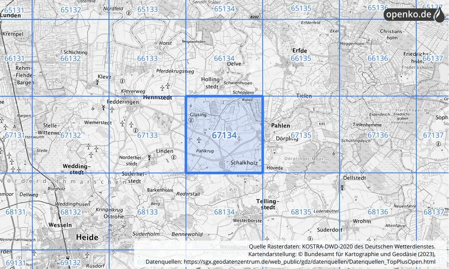 Übersichtskarte des KOSTRA-DWD-2020-Rasterfeldes Nr. 67134