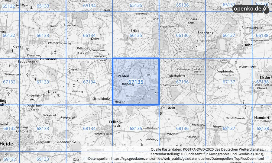 Übersichtskarte des KOSTRA-DWD-2020-Rasterfeldes Nr. 67135