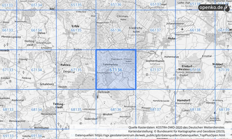 Übersichtskarte des KOSTRA-DWD-2020-Rasterfeldes Nr. 67136