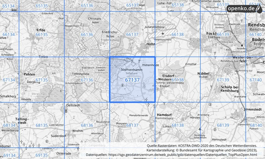 Übersichtskarte des KOSTRA-DWD-2020-Rasterfeldes Nr. 67137