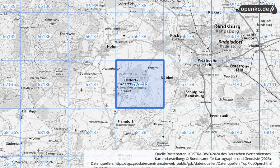Übersichtskarte des KOSTRA-DWD-2020-Rasterfeldes Nr. 67138