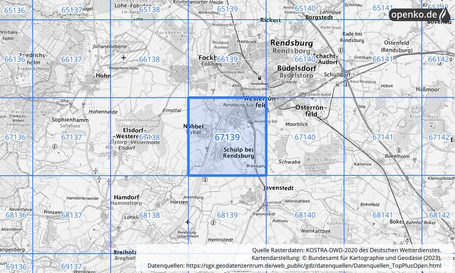 Übersichtskarte des KOSTRA-DWD-2020-Rasterfeldes Nr. 67139