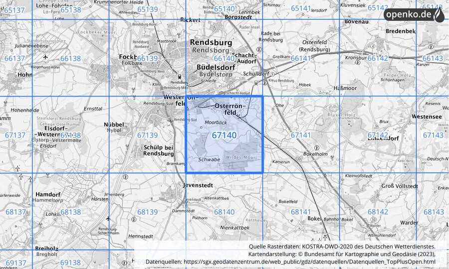 Übersichtskarte des KOSTRA-DWD-2020-Rasterfeldes Nr. 67140