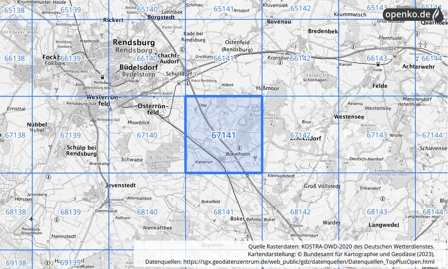 Übersichtskarte des KOSTRA-DWD-2020-Rasterfeldes Nr. 67141