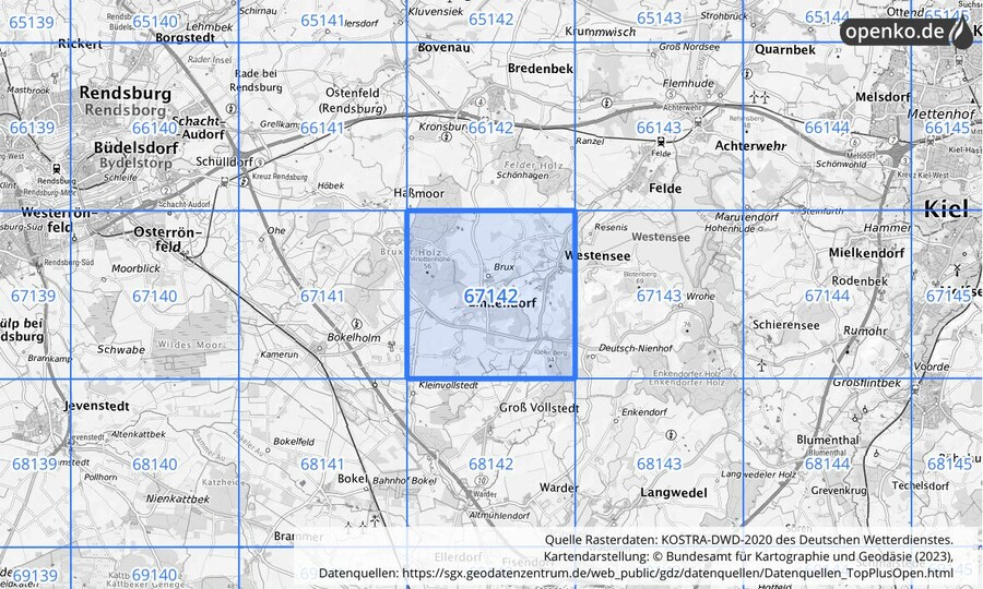 Übersichtskarte des KOSTRA-DWD-2020-Rasterfeldes Nr. 67142