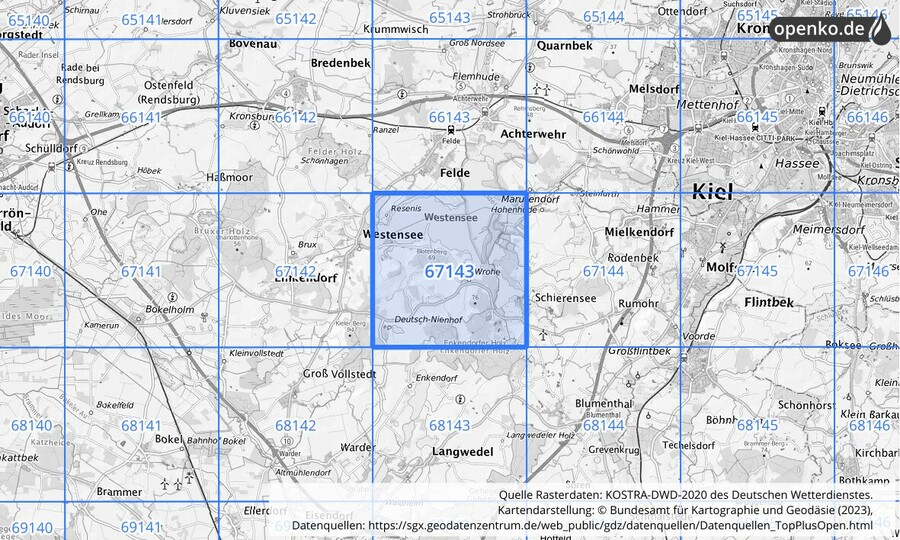 Übersichtskarte des KOSTRA-DWD-2020-Rasterfeldes Nr. 67143