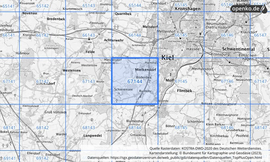 Übersichtskarte des KOSTRA-DWD-2020-Rasterfeldes Nr. 67144