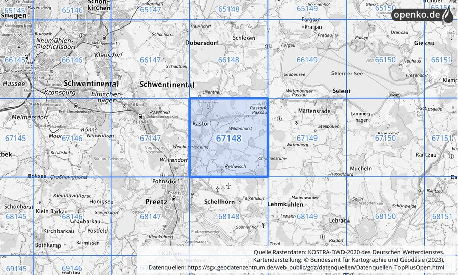 Übersichtskarte des KOSTRA-DWD-2020-Rasterfeldes Nr. 67148