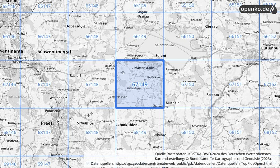 Übersichtskarte des KOSTRA-DWD-2020-Rasterfeldes Nr. 67149