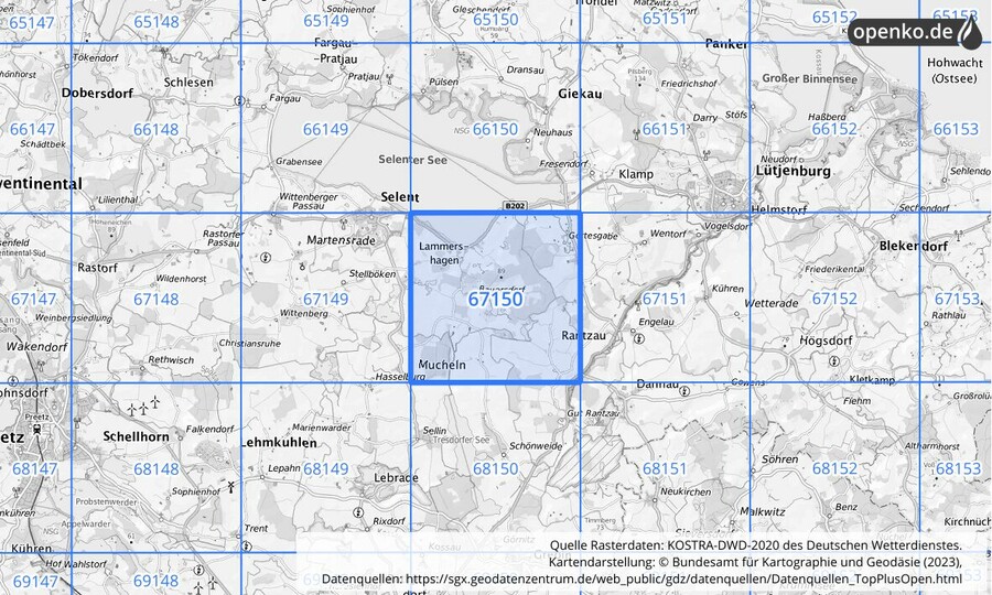 Übersichtskarte des KOSTRA-DWD-2020-Rasterfeldes Nr. 67150