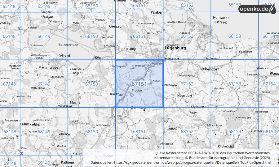 Übersichtskarte des KOSTRA-DWD-2020-Rasterfeldes Nr. 67151