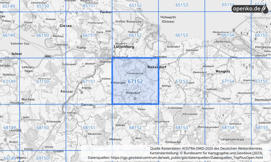 Übersichtskarte des KOSTRA-DWD-2020-Rasterfeldes Nr. 67152