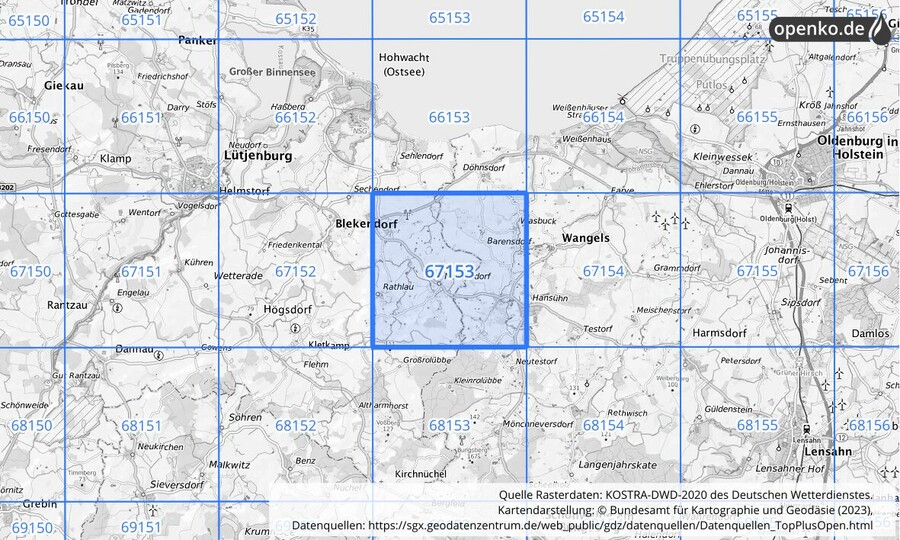 Übersichtskarte des KOSTRA-DWD-2020-Rasterfeldes Nr. 67153