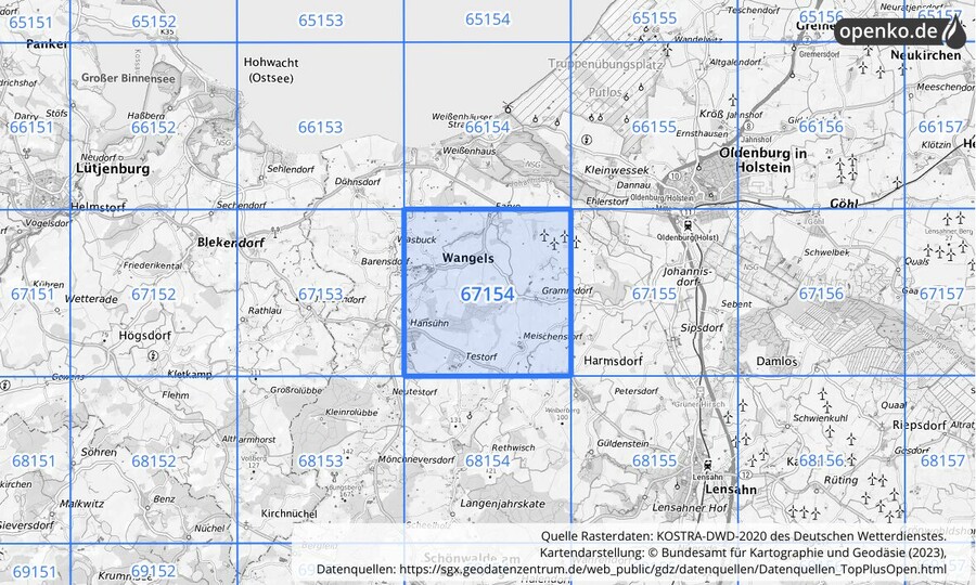 Übersichtskarte des KOSTRA-DWD-2020-Rasterfeldes Nr. 67154