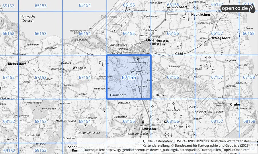 Übersichtskarte des KOSTRA-DWD-2020-Rasterfeldes Nr. 67155