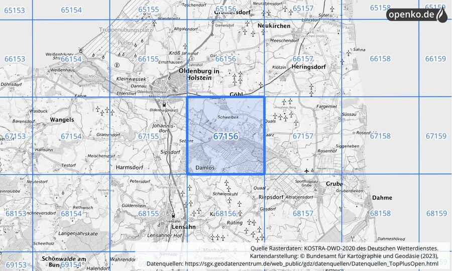 Übersichtskarte des KOSTRA-DWD-2020-Rasterfeldes Nr. 67156