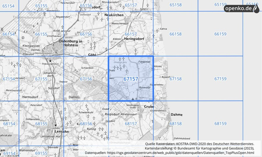 Übersichtskarte des KOSTRA-DWD-2020-Rasterfeldes Nr. 67157