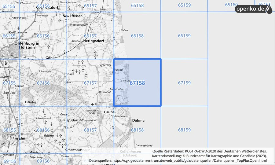 Übersichtskarte des KOSTRA-DWD-2020-Rasterfeldes Nr. 67158