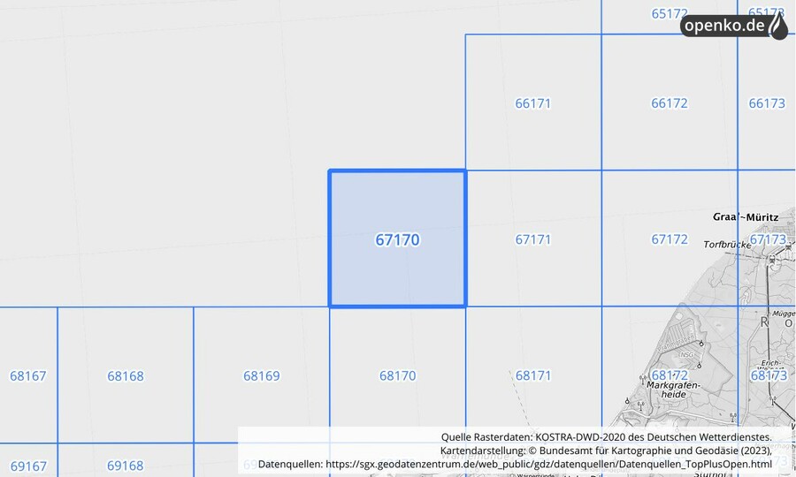 Übersichtskarte des KOSTRA-DWD-2020-Rasterfeldes Nr. 67170