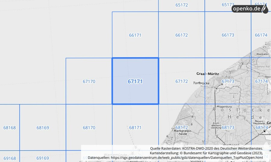 Übersichtskarte des KOSTRA-DWD-2020-Rasterfeldes Nr. 67171