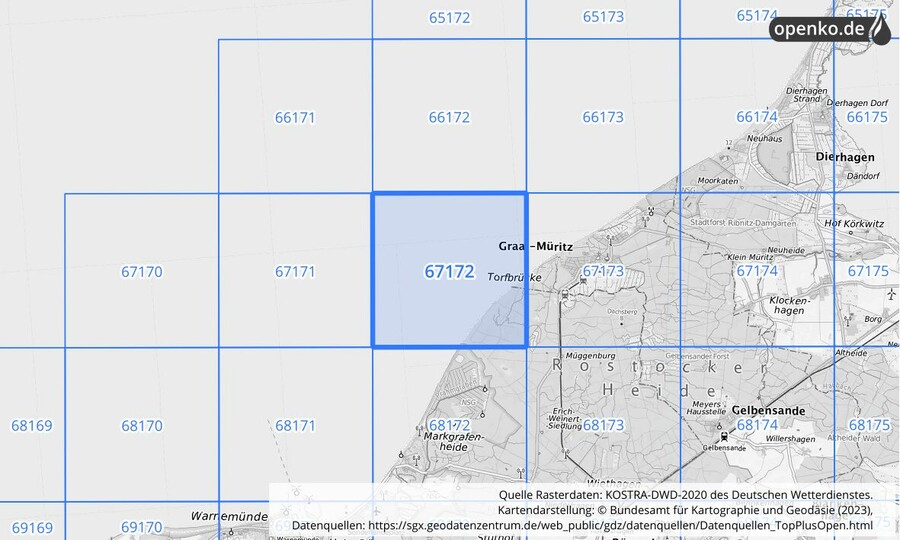 Übersichtskarte des KOSTRA-DWD-2020-Rasterfeldes Nr. 67172