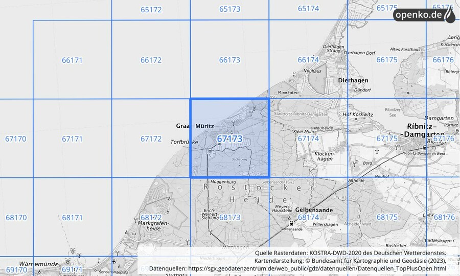 Übersichtskarte des KOSTRA-DWD-2020-Rasterfeldes Nr. 67173