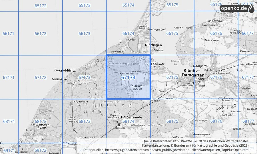 Übersichtskarte des KOSTRA-DWD-2020-Rasterfeldes Nr. 67174