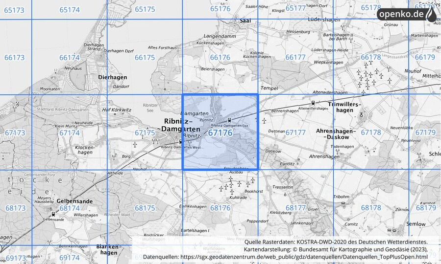 Übersichtskarte des KOSTRA-DWD-2020-Rasterfeldes Nr. 67176