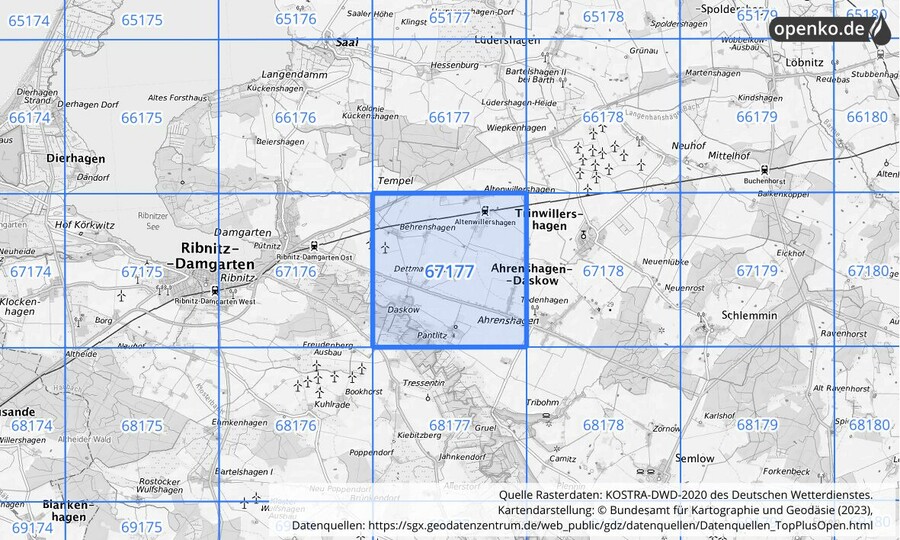 Übersichtskarte des KOSTRA-DWD-2020-Rasterfeldes Nr. 67177