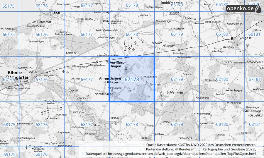 Übersichtskarte des KOSTRA-DWD-2020-Rasterfeldes Nr. 67178
