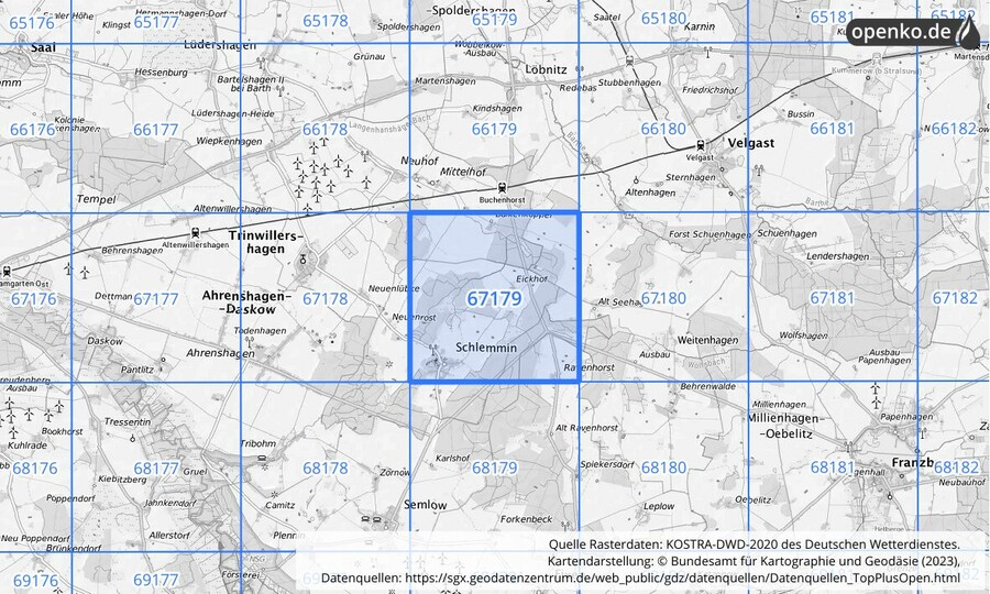 Übersichtskarte des KOSTRA-DWD-2020-Rasterfeldes Nr. 67179