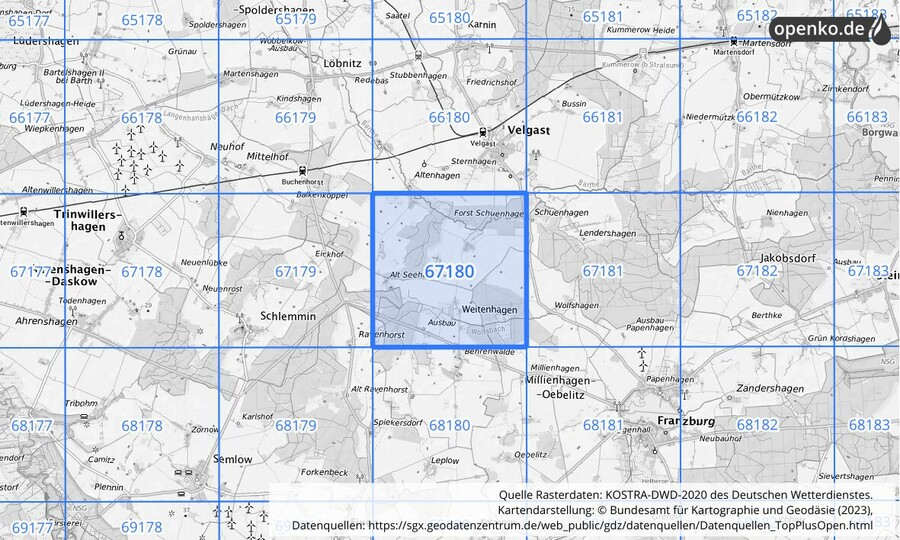 Übersichtskarte des KOSTRA-DWD-2020-Rasterfeldes Nr. 67180