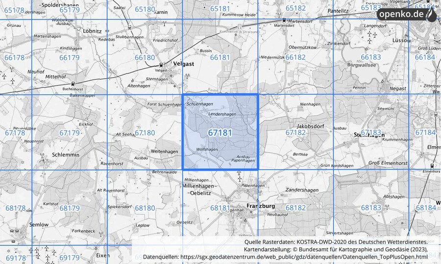 Übersichtskarte des KOSTRA-DWD-2020-Rasterfeldes Nr. 67181