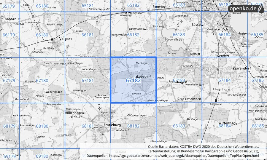 Übersichtskarte des KOSTRA-DWD-2020-Rasterfeldes Nr. 67182