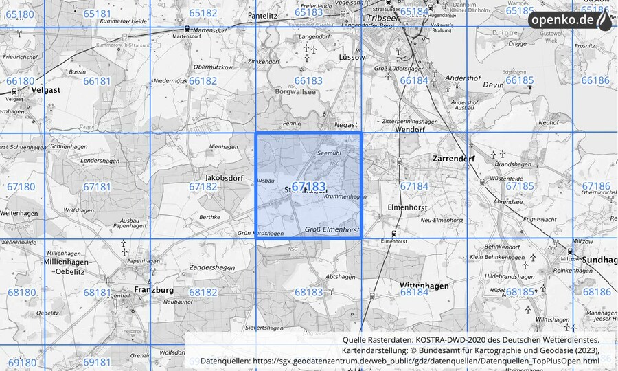 Übersichtskarte des KOSTRA-DWD-2020-Rasterfeldes Nr. 67183