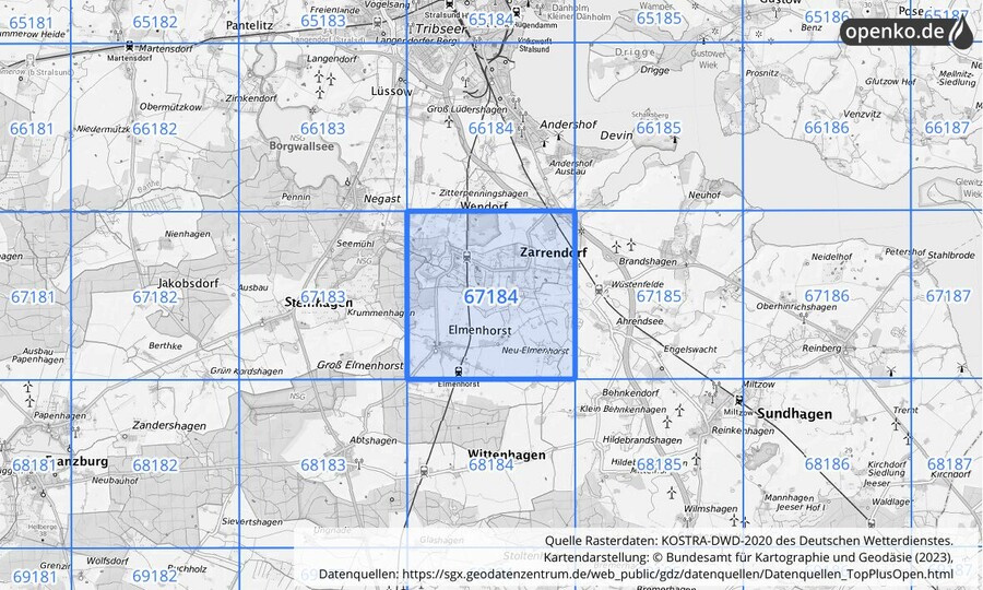Übersichtskarte des KOSTRA-DWD-2020-Rasterfeldes Nr. 67184