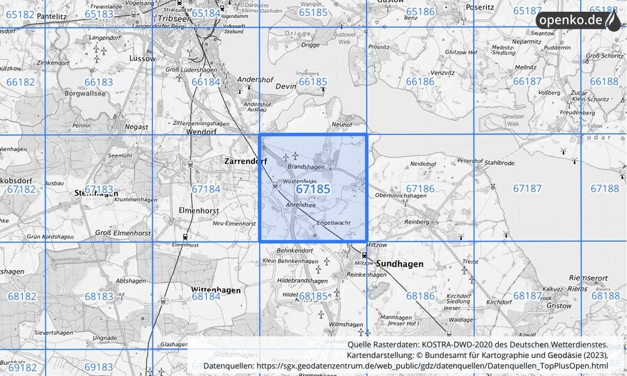 Übersichtskarte des KOSTRA-DWD-2020-Rasterfeldes Nr. 67185