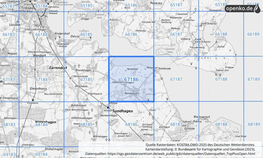 Übersichtskarte des KOSTRA-DWD-2020-Rasterfeldes Nr. 67186