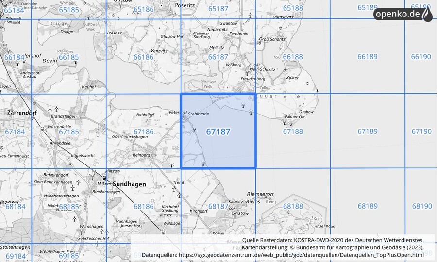 Übersichtskarte des KOSTRA-DWD-2020-Rasterfeldes Nr. 67187