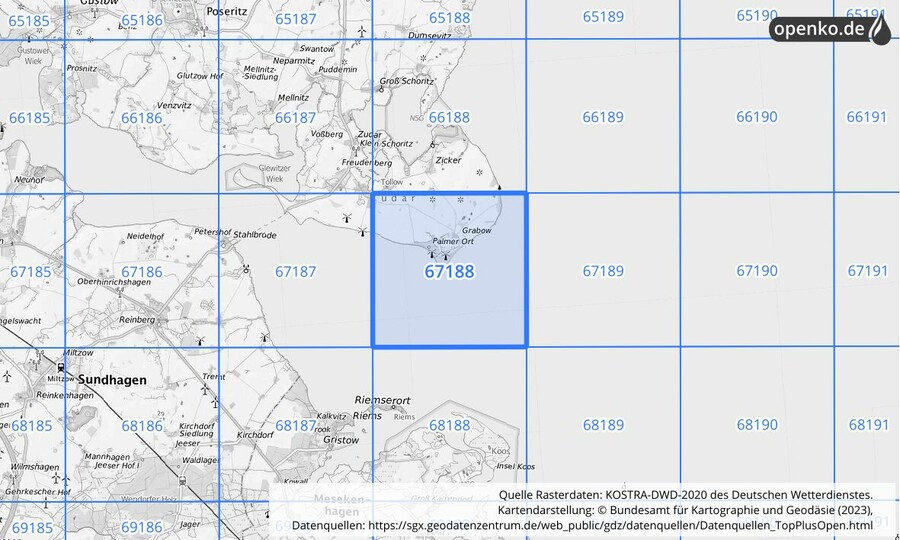 Übersichtskarte des KOSTRA-DWD-2020-Rasterfeldes Nr. 67188