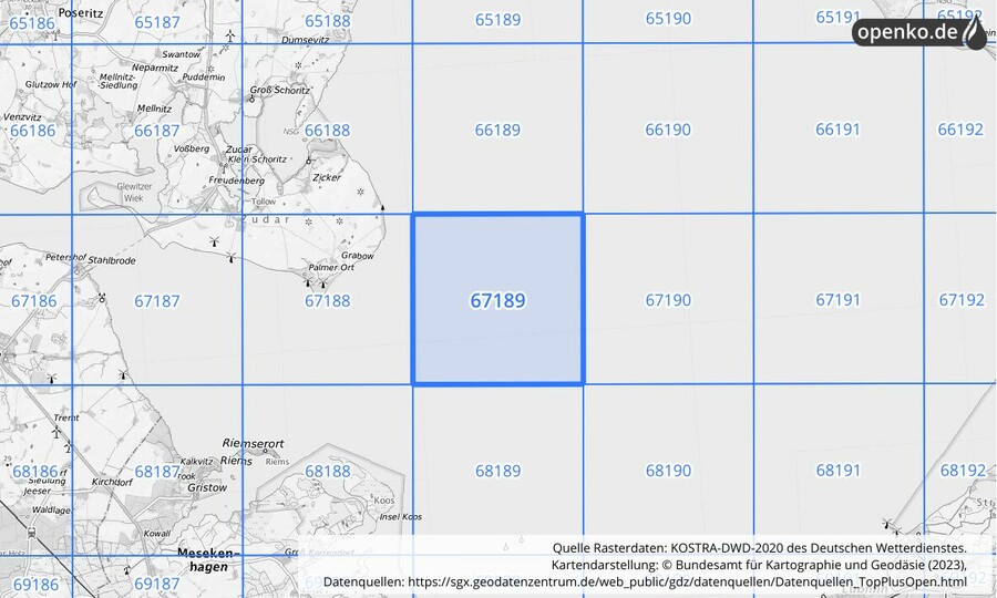 Übersichtskarte des KOSTRA-DWD-2020-Rasterfeldes Nr. 67189