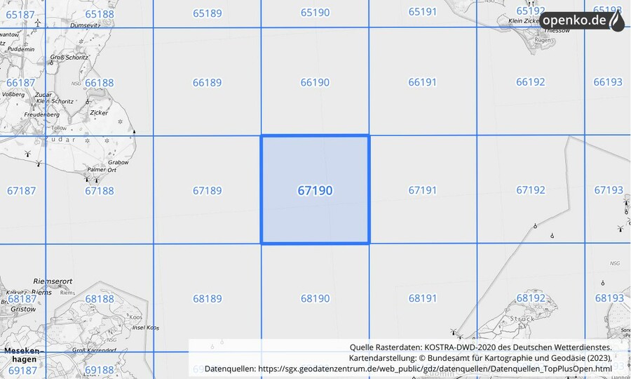 Übersichtskarte des KOSTRA-DWD-2020-Rasterfeldes Nr. 67190