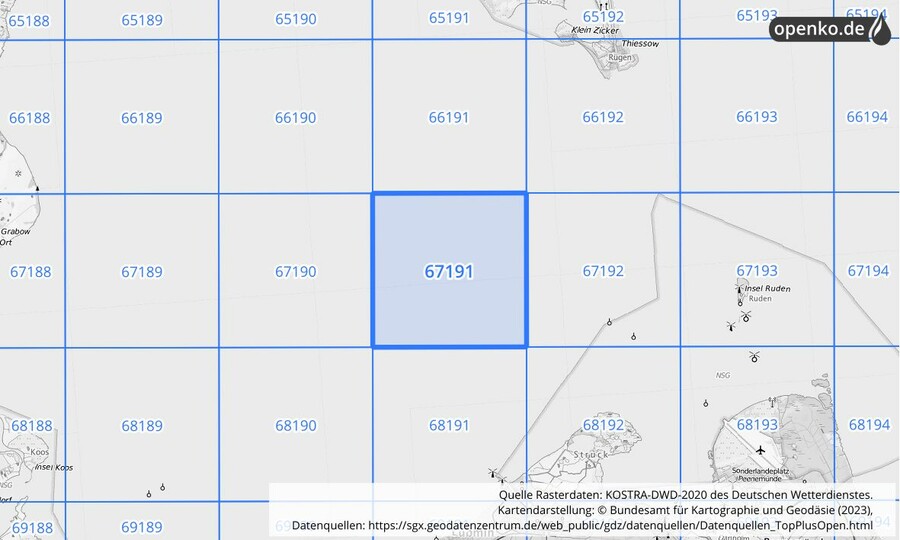 Übersichtskarte des KOSTRA-DWD-2020-Rasterfeldes Nr. 67191